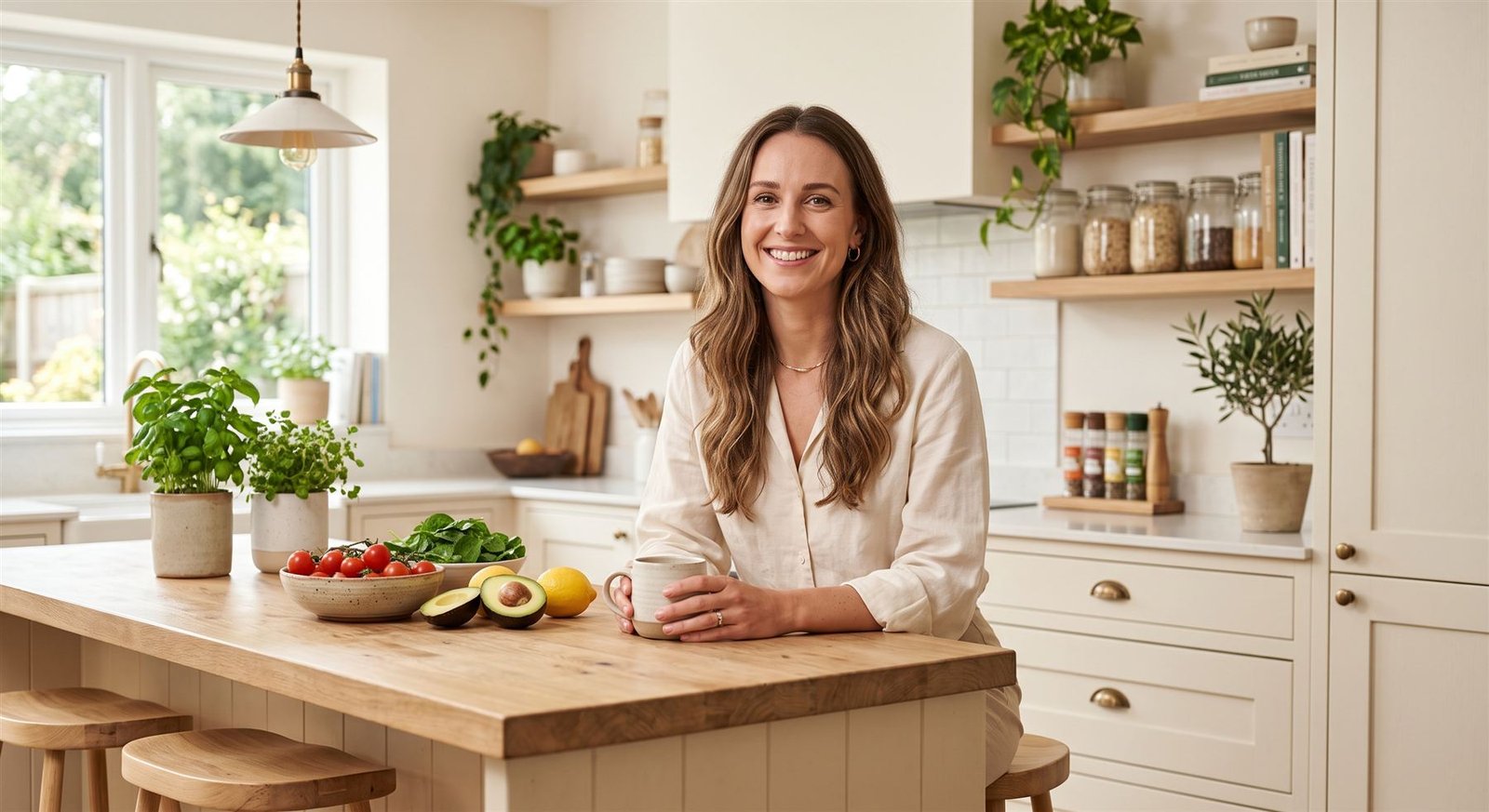 Sofía Martínez sonriendo, apoyada en la isla de su cocina junto a un café y verduras frescas.