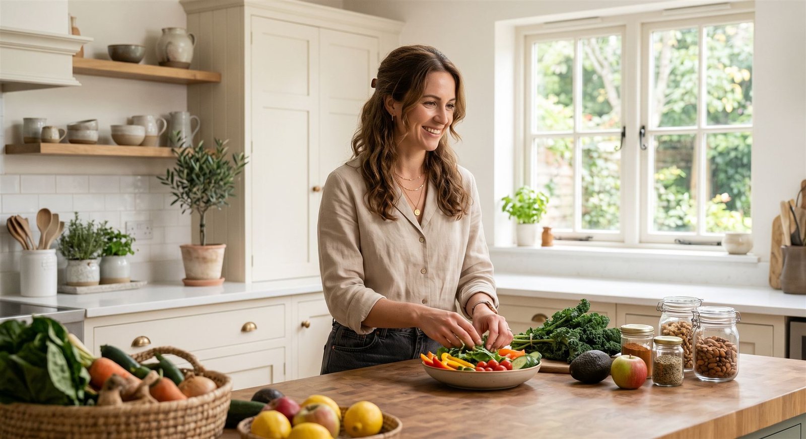 Mujer sonriendo mientras corta vegetales frescos de colores en una cocina luminosa.
