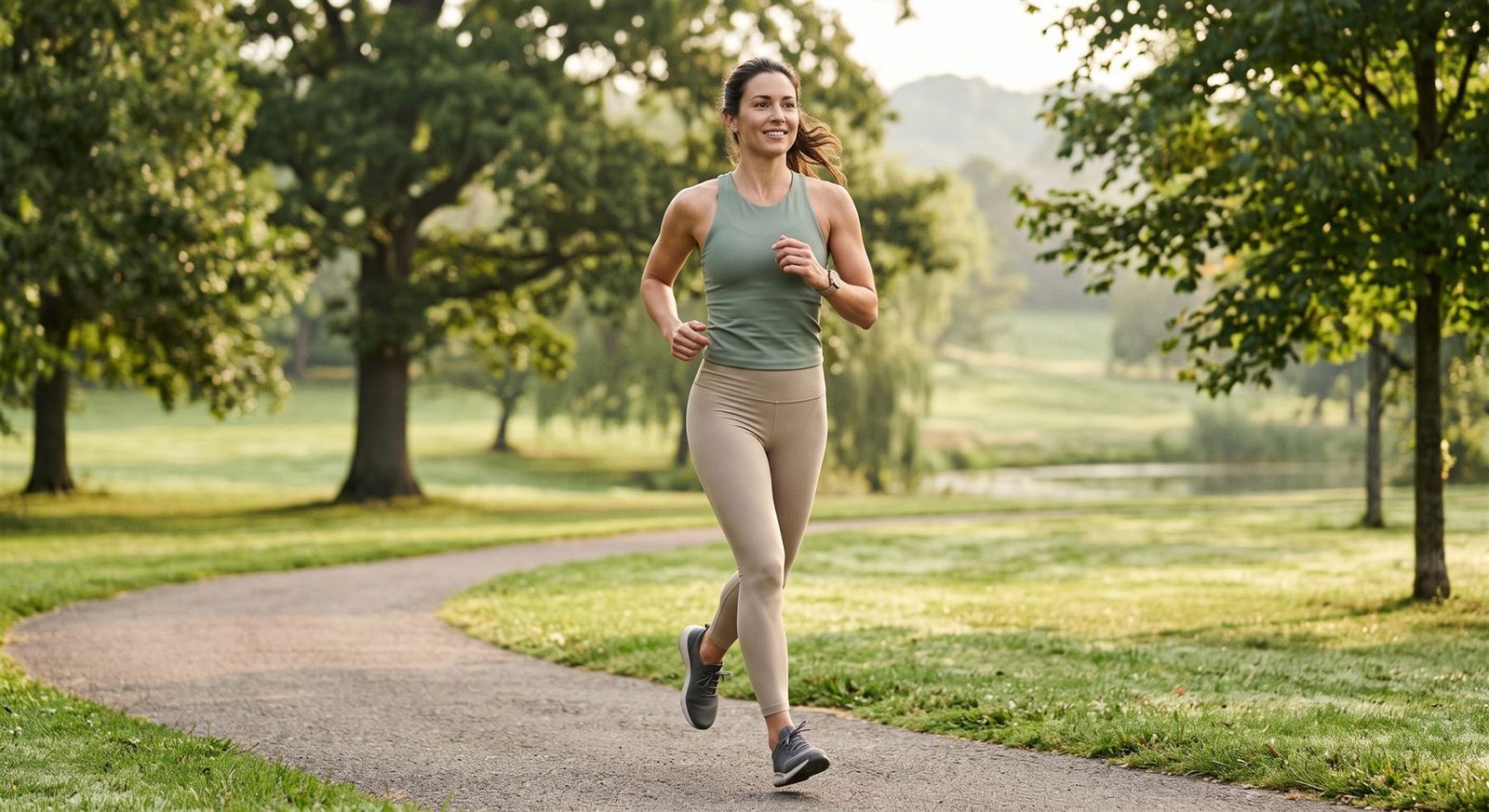 Mujer corriendo por un parque en una mañana soleada.