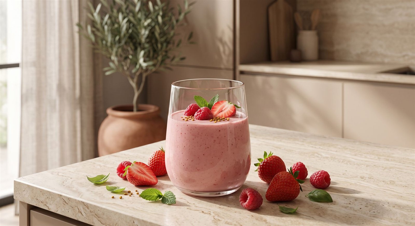 Batido de frutillas y frambuesas frescas sobre una mesada.
